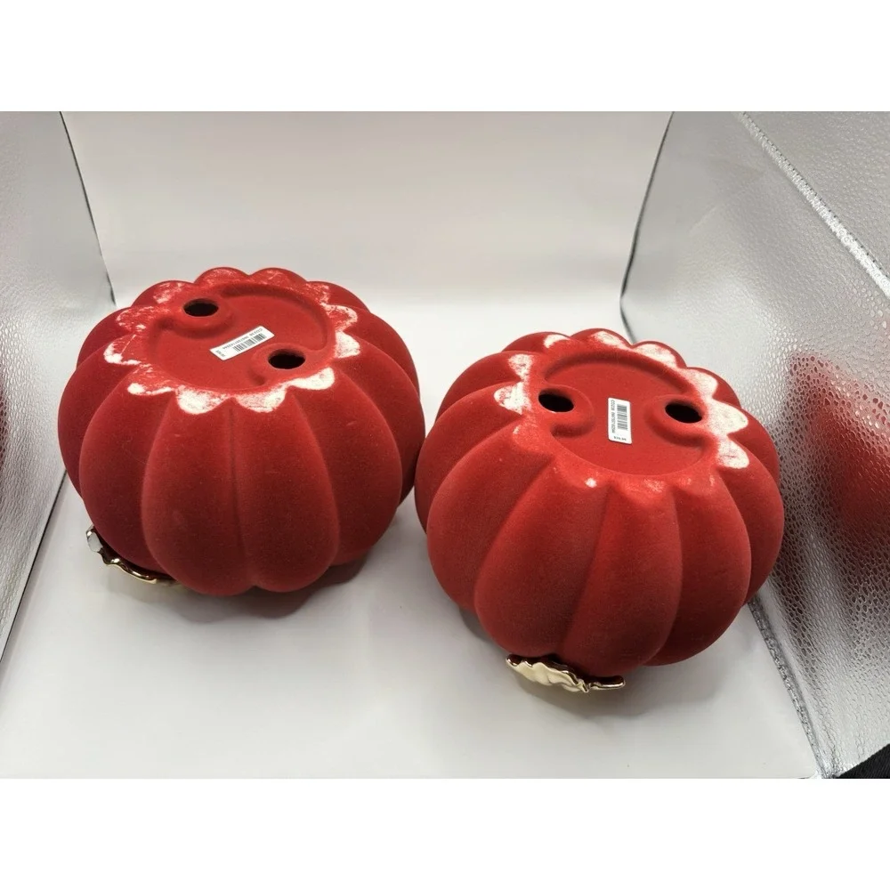 Set Of 2 Bath & Body Works 3 Wick Candle Holder Flocked Pumpkin w/gold leaf